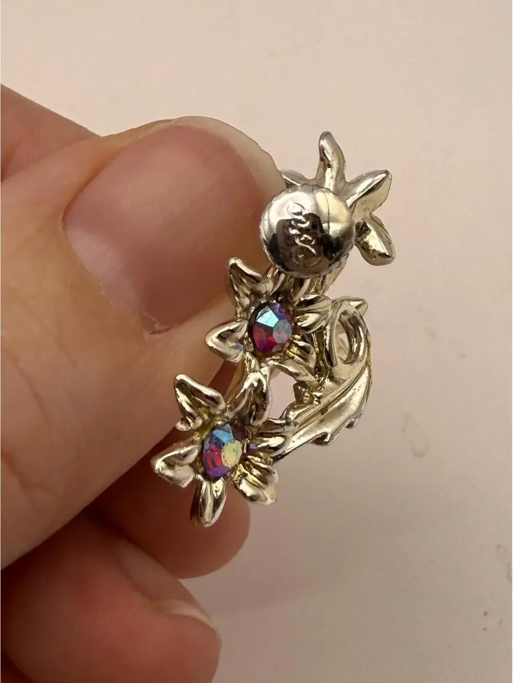 Vintage Floral Screw Back Earrings with Colorful Rhinestones